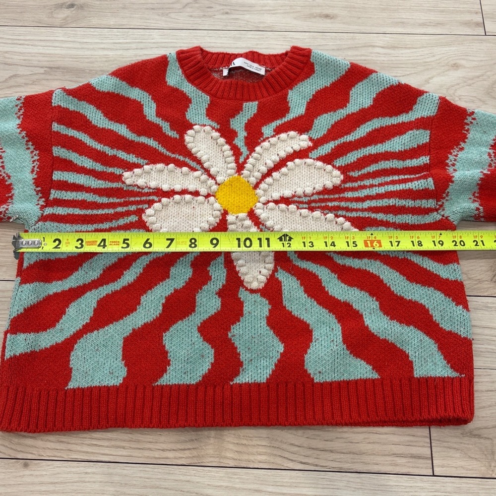 Zara Red Mint Green Daisy Sunburst Jacquard Knit Cropped Sweater Small - Picture 6 of 6